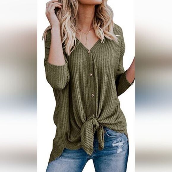 Sienna Sky Waffle Henley Buttons Front Tie Medium - Picture 8 of 8